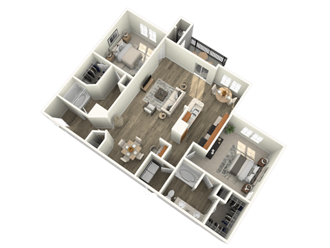 A 3D floor plan of a house with multiple rooms and furniture.